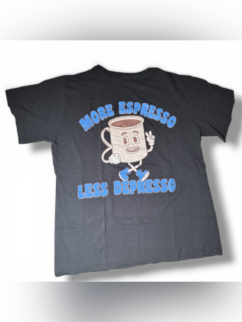 Miken Black Tee with Blue 'More Espresso Less Depresso' Graphic